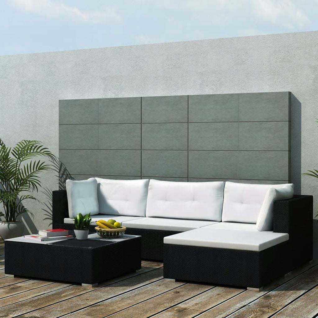 5 Piece Outdoor Sectional Sofa Lounge with Coffee Table and Ottoman Set Cushioned Poly Rattan E4655