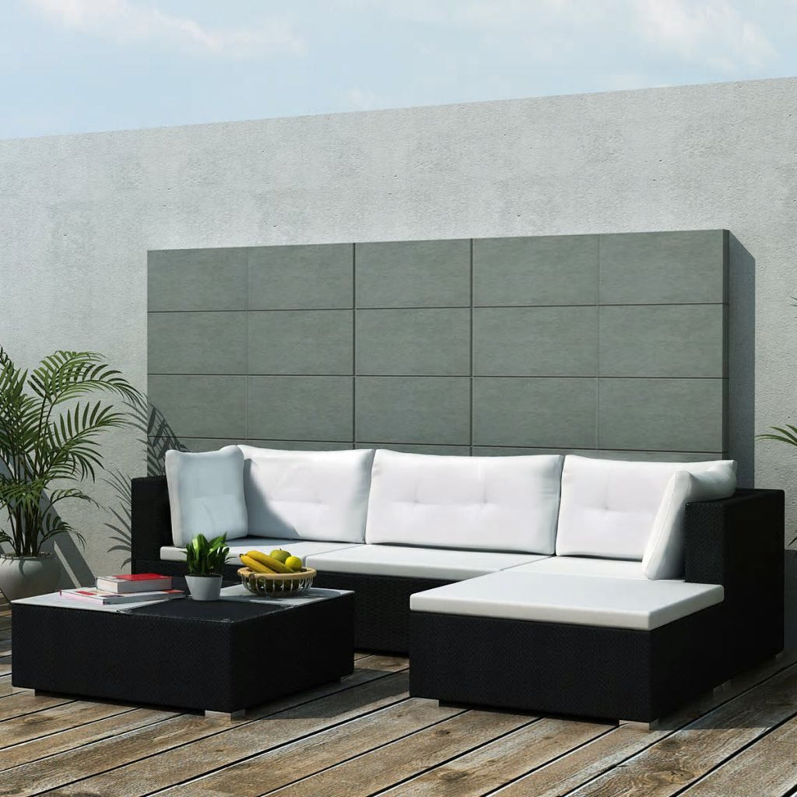 5 Piece Outdoor Sectional Sofa Lounge with Coffee Table and Ottoman Set Cushioned Poly Rattan E4655