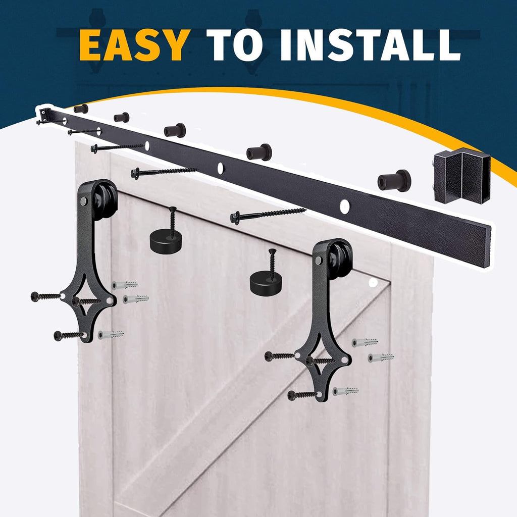 Black Sliding Barn Door Hardware Kit with Stamped Steel Rail Mount Hardware A3763