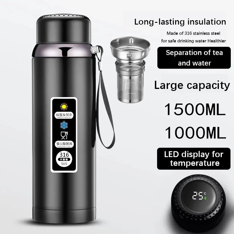 316 Stainless Steel Thermos Bottle LED Temperature Display Vacuum Flask With Tea Separation Filter Leakage-proof Cup 1.0L Y179