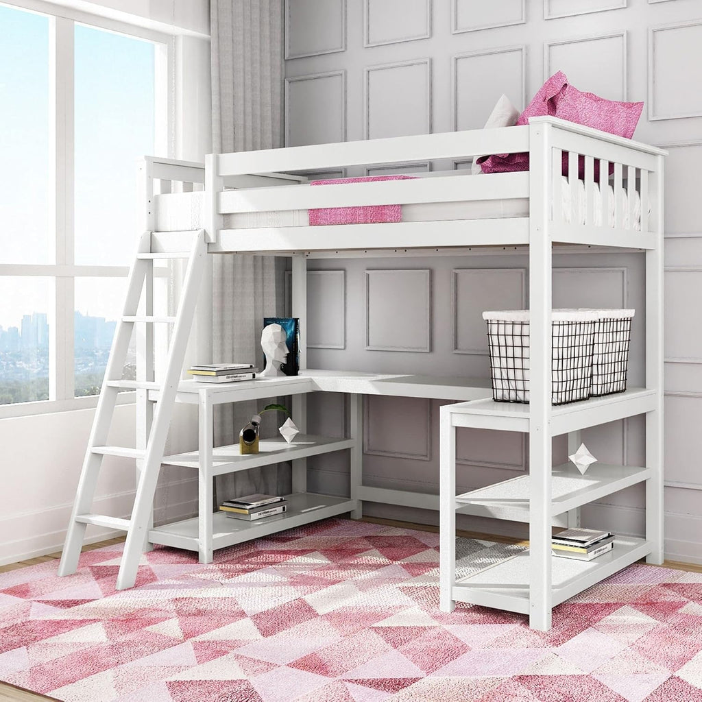 White Twin High Loft Bed with Bookcase and Desk T9336