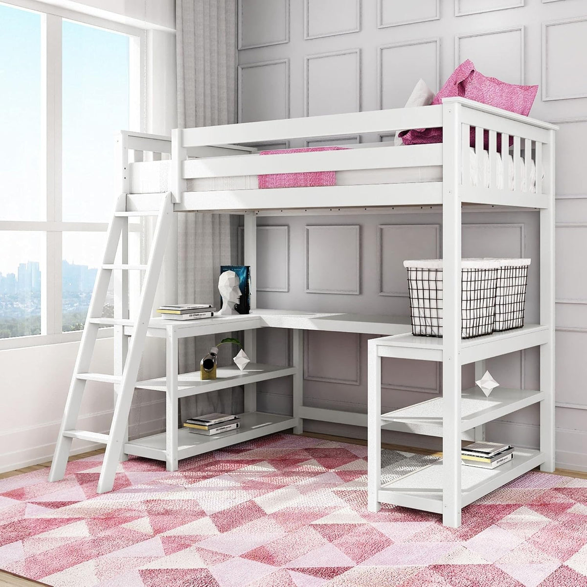 White Twin High Loft Bed with Bookcase and Desk T9336
