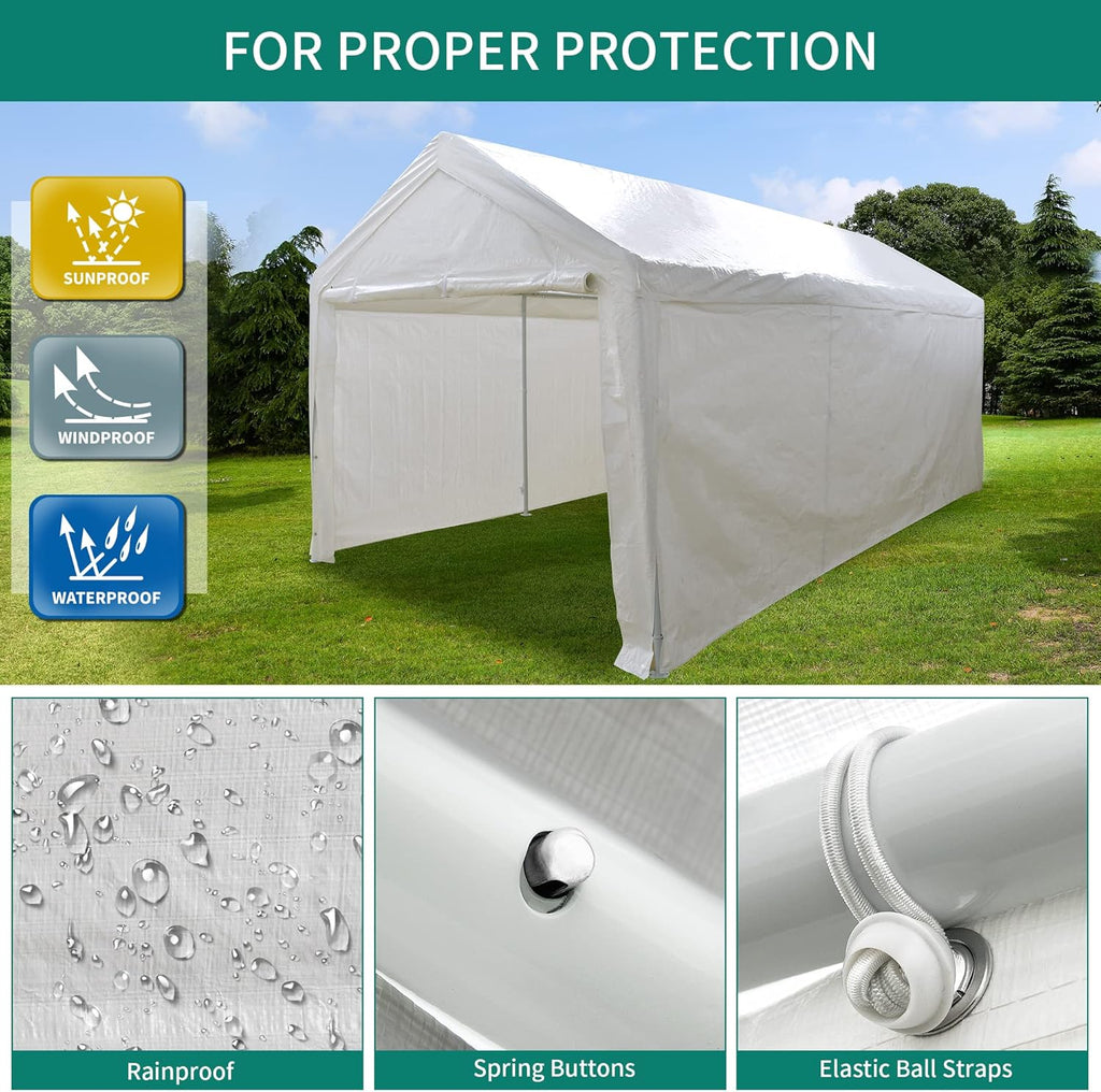 White Galvanized Frame Carport with Removable Sidewalls H3998