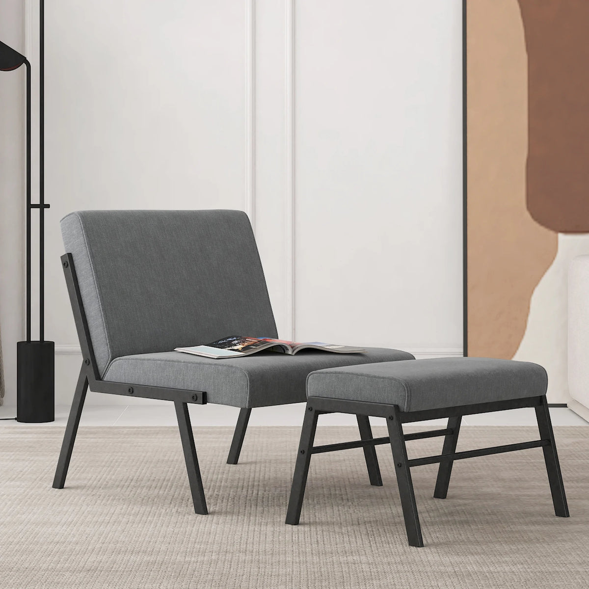 Modern Upholstered Accent Chair with Ottoman Linen Chair C58015