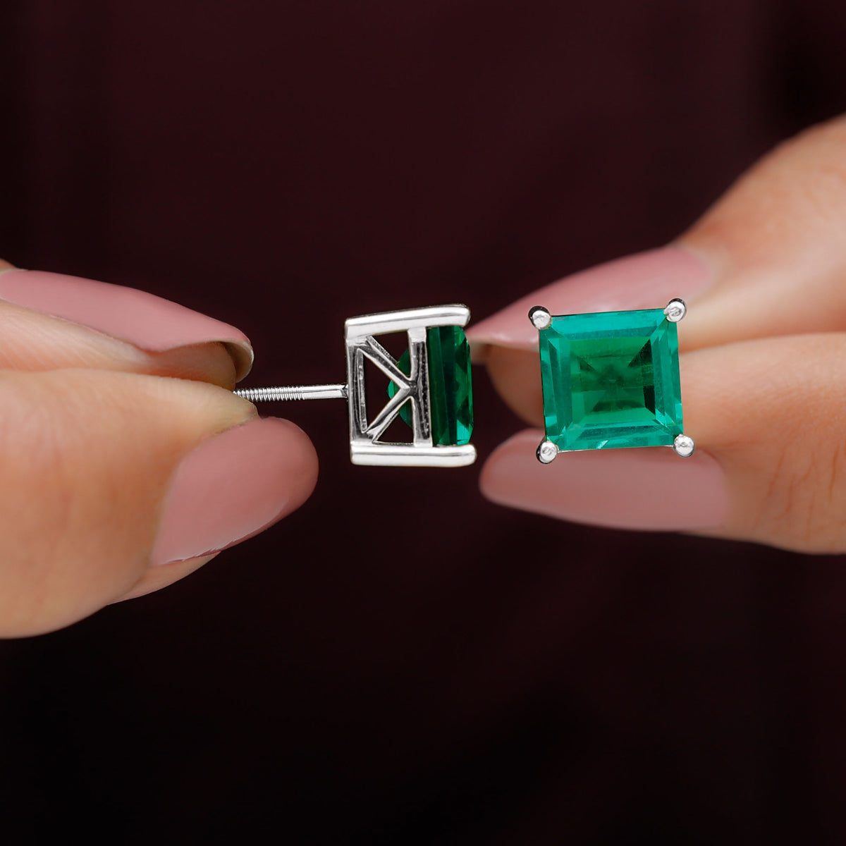 Princess Cut Created Emerald Solitaire Stud Earrings, 8 mm, 925 Sterling Silver J2305
