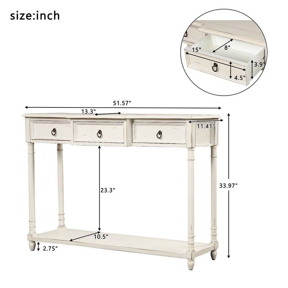 Antique White Console Table with Projecting Drawers and Long Shelf K1497