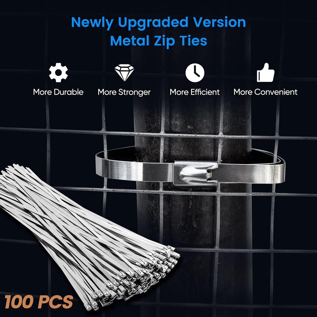 Metal Zip Ties, 100 Pcs 11.8 Inch, 304 Stainless Steel Cable Ties B1310