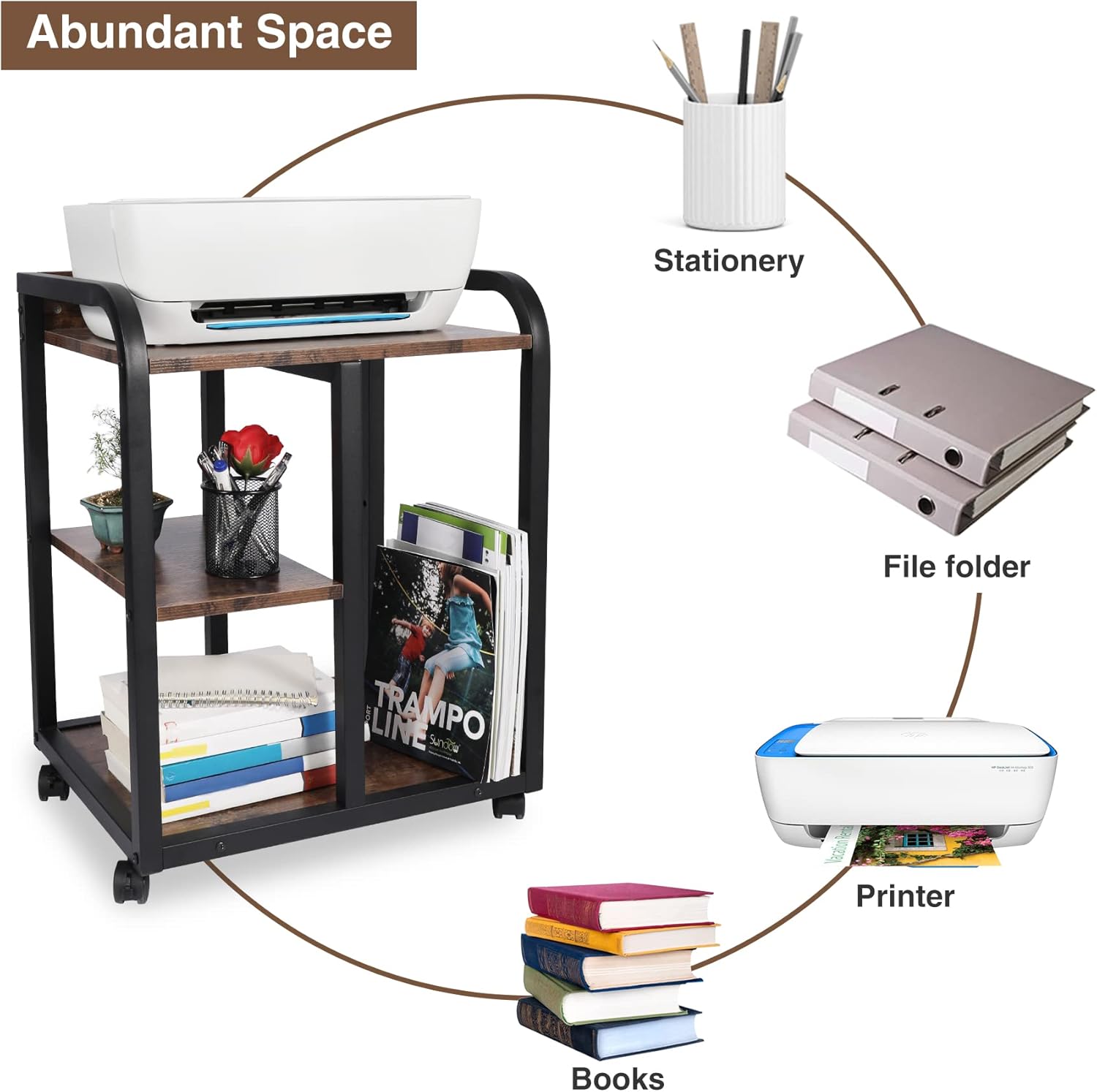 Brown 3 Tier Rolling Printer Cart with Storage L9552