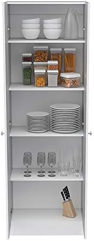 White & Light Oak Kitchen Tall Utility Storage Pantry Cabinet with Metal Handles C7806