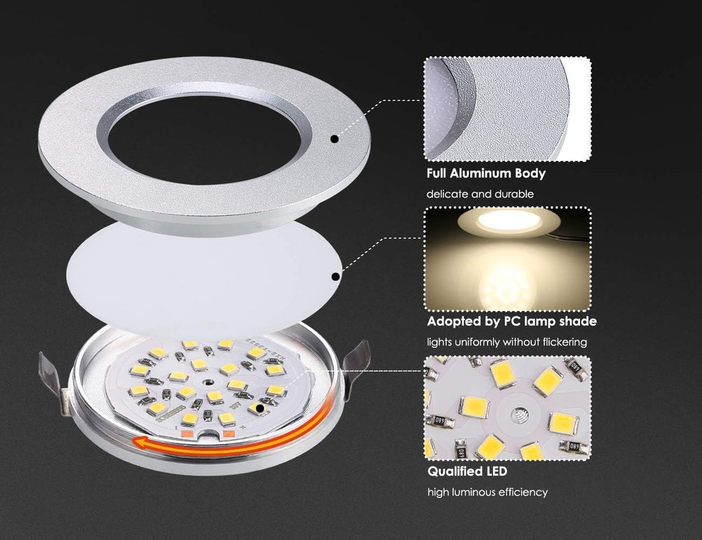 12V LED Recessed Cabinet Lights Waterproof Ultra-Thin 3000K Warm White 12 Pack Q547