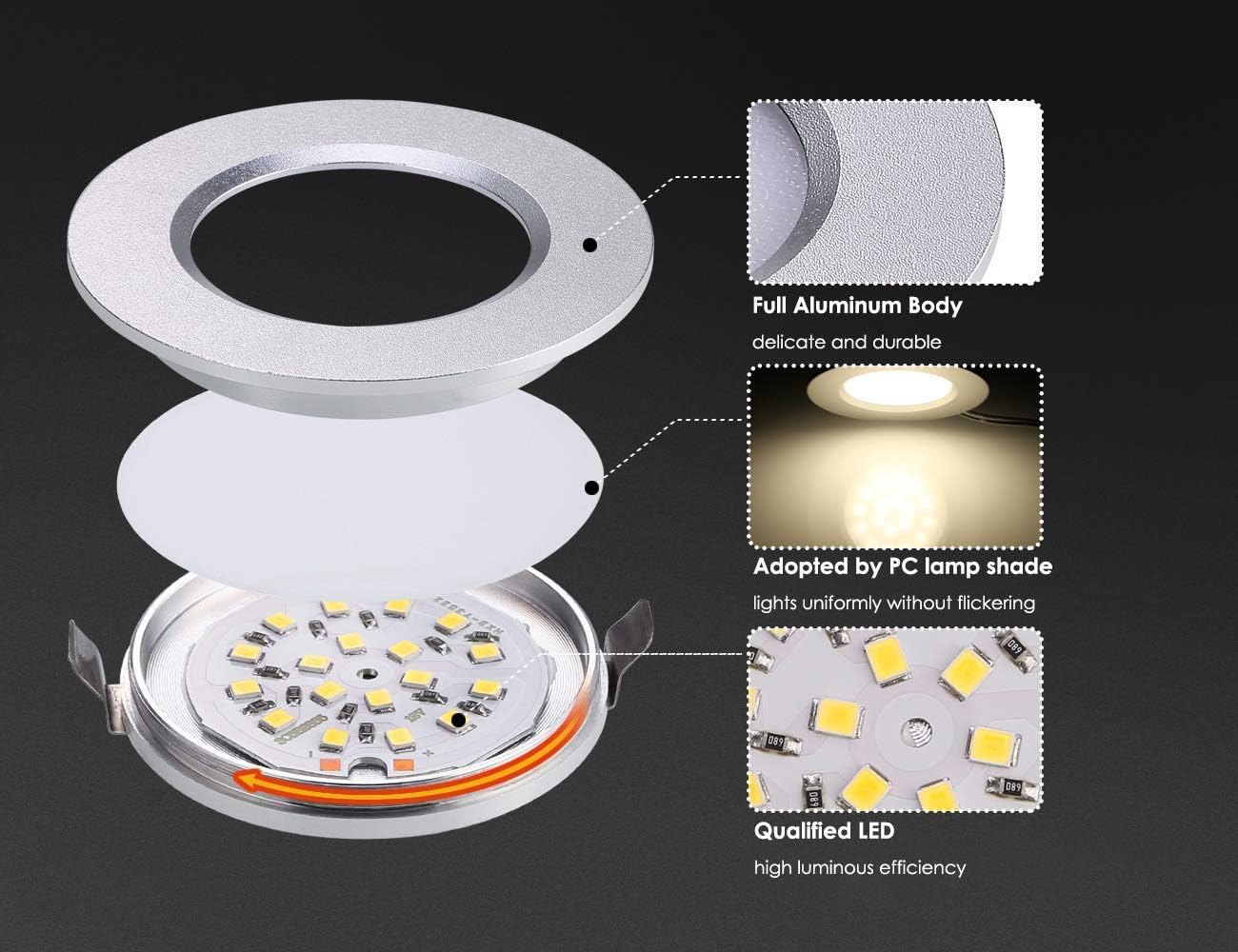 12V LED Recessed Cabinet Lights Waterproof Ultra-Thin 3000K Warm White 12 Pack Q547