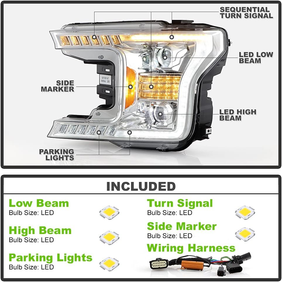 Chrome LED Tube Projector Headlights Set Left+Right H715