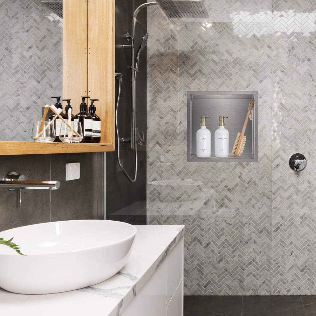 12×12 Brushed Stainless Steel Recessed Shower Caddy O649851