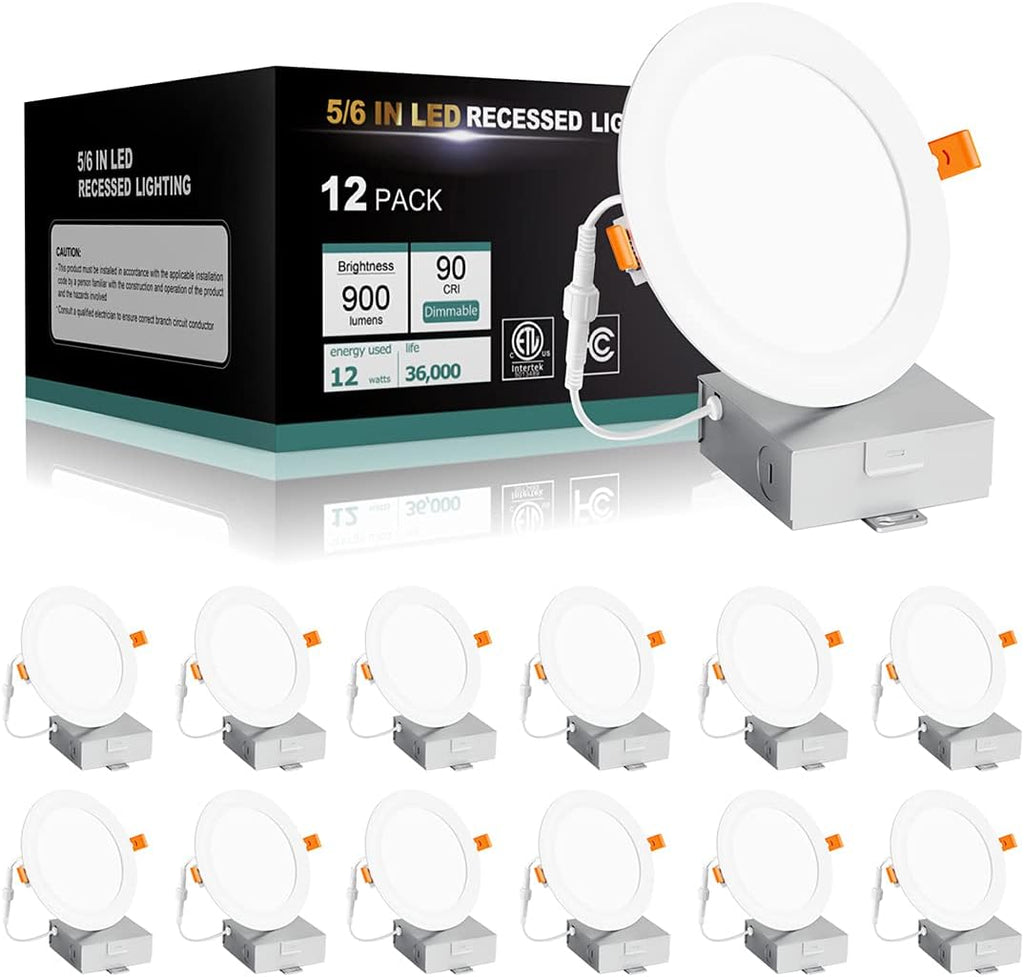 12W 12PACK 900LM Dimmable 5CCT 2700K-5000K Selectable 6 Inch LED Recessed Light W379