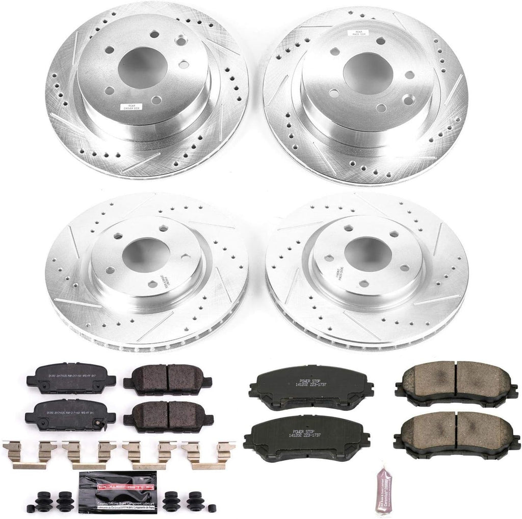 Front and Rear Carbon Fiber Brake Pads with Drilled & Slotted Brake Rotors Kit Q2055