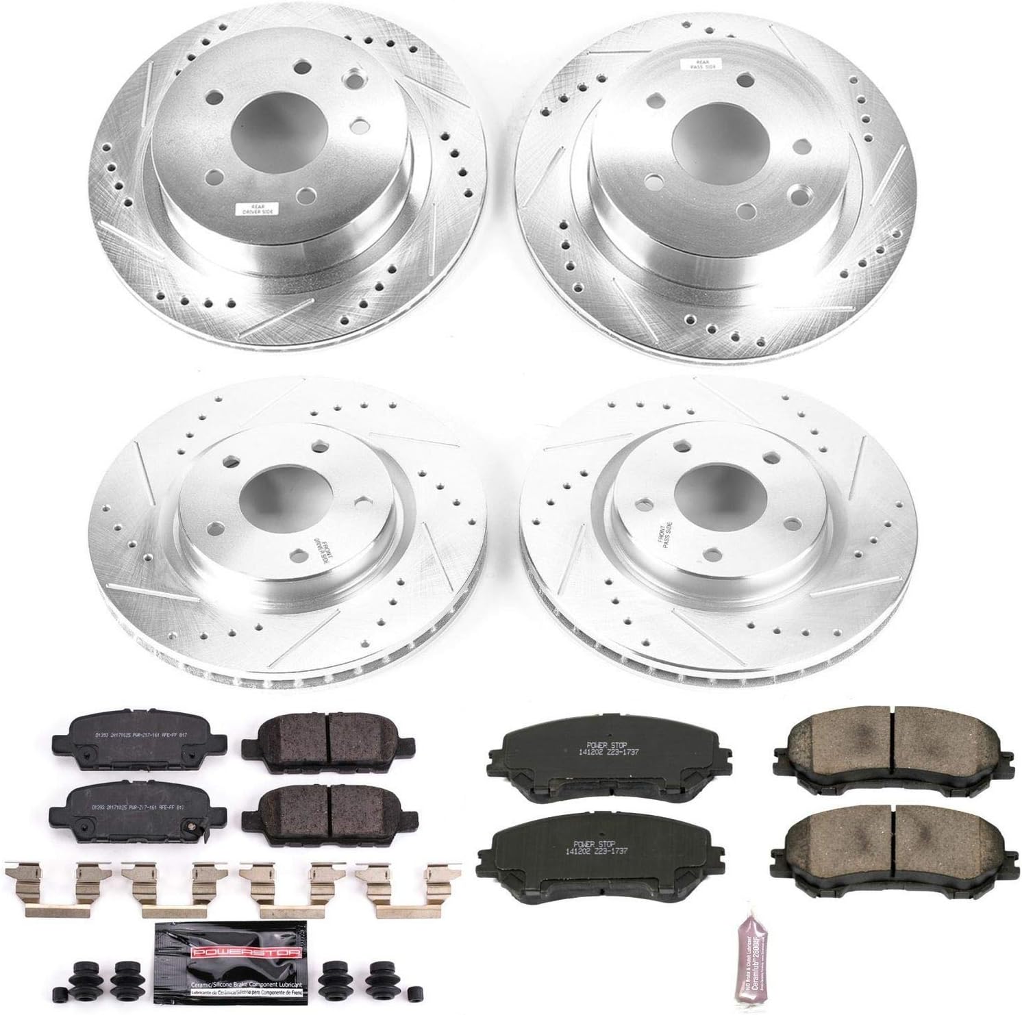 Front and Rear Carbon Fiber Brake Pads with Drilled & Slotted Brake Rotors Kit Q2055
