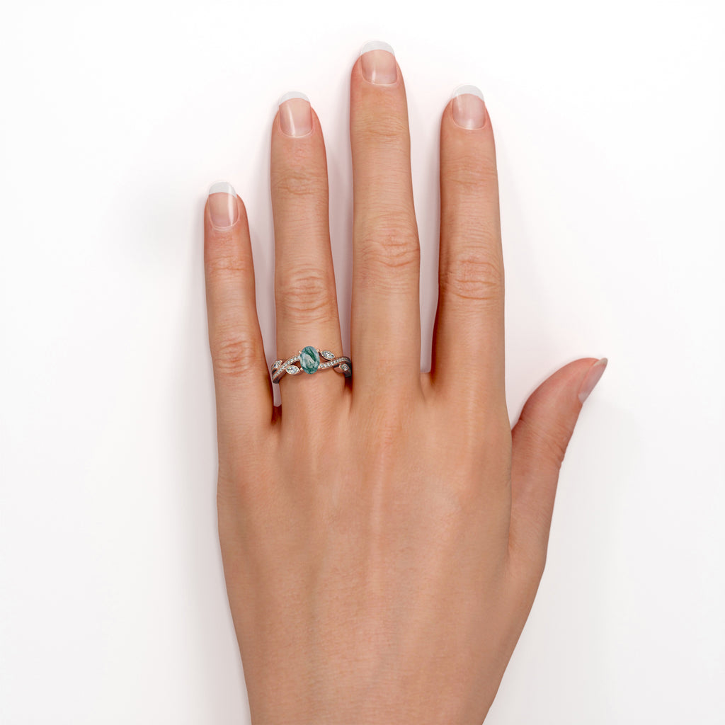 1.5 Carat Oval Moss Green Agate And Moissanite Engagement Ring In 18K Rose Gold Plating Over Silver E783123