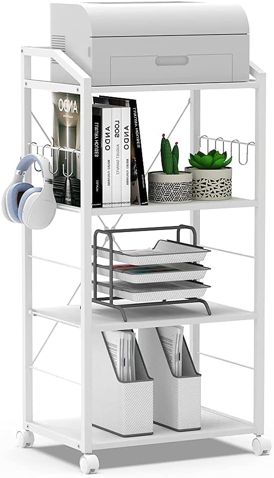 White 4-Tier Wooden Printer Stand Utility Cart with 8 Hooks Caster Wheels N200614