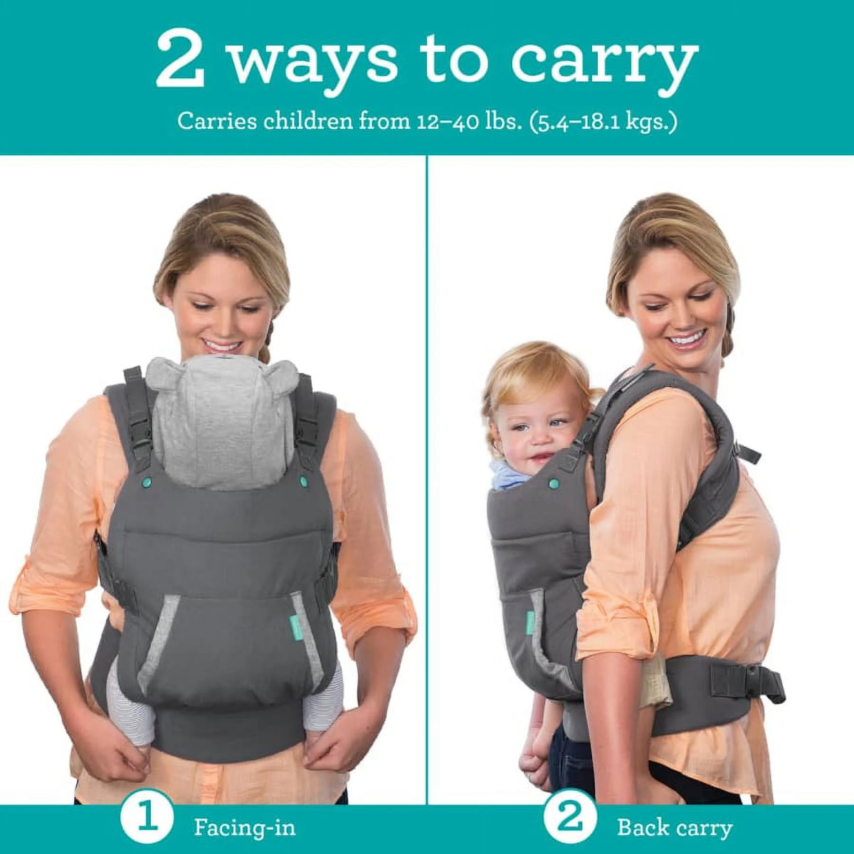 Ergonomic Hoodie Baby Carrier, 2-Position, 12-40lbs G838625