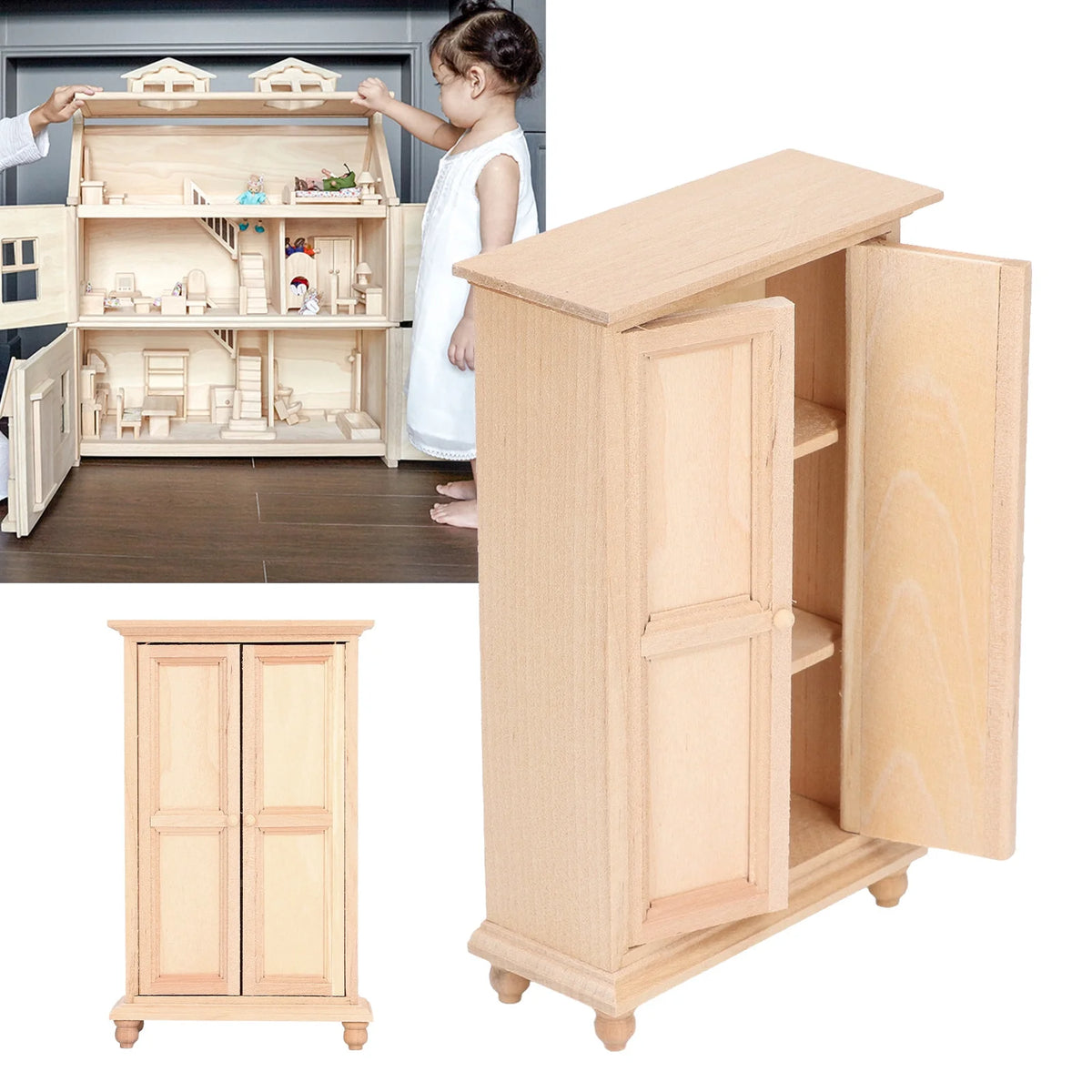Wooden Vintage Miniature Wardrobe Dollhouse Cabinet T998
