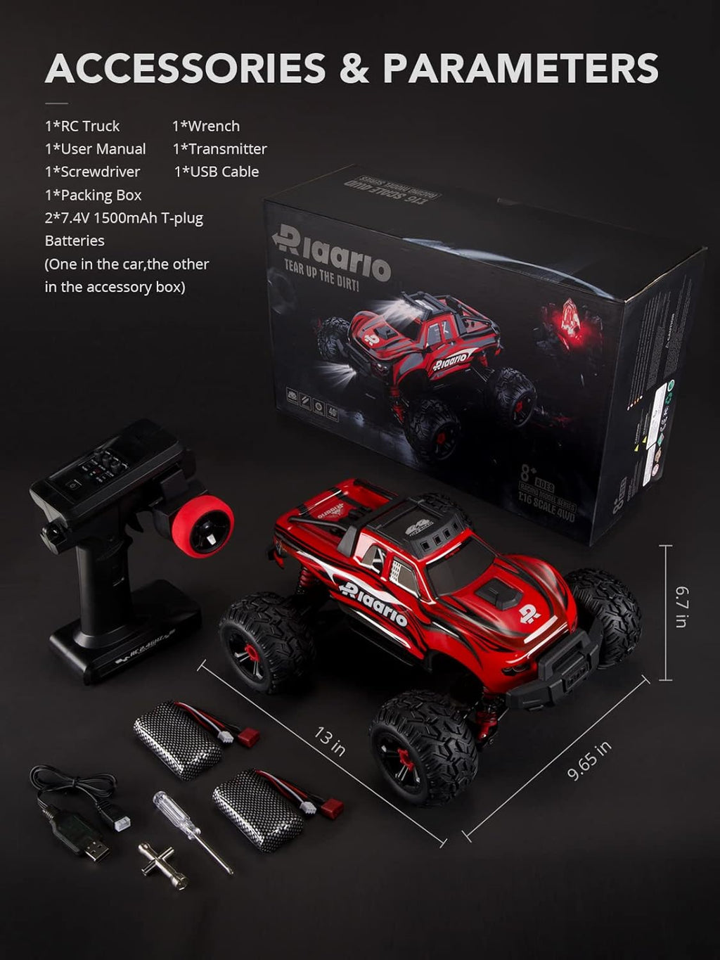 Red Black White 1:16 RC Monster Truck with 2 Batteries M660
