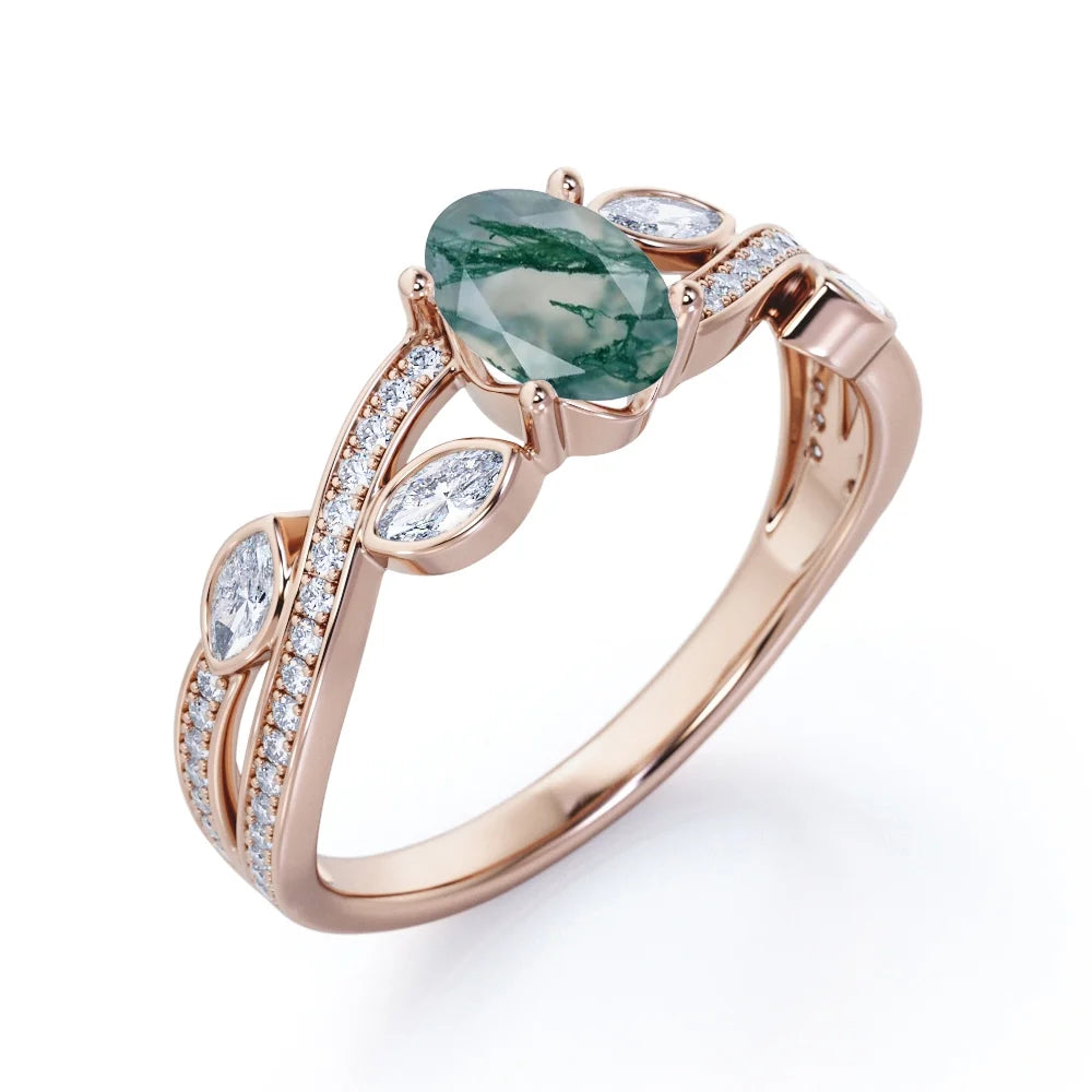 1.5 Carat Oval Moss Green Agate And Moissanite Engagement Ring In 18K Rose Gold Plating Over Silver E783123