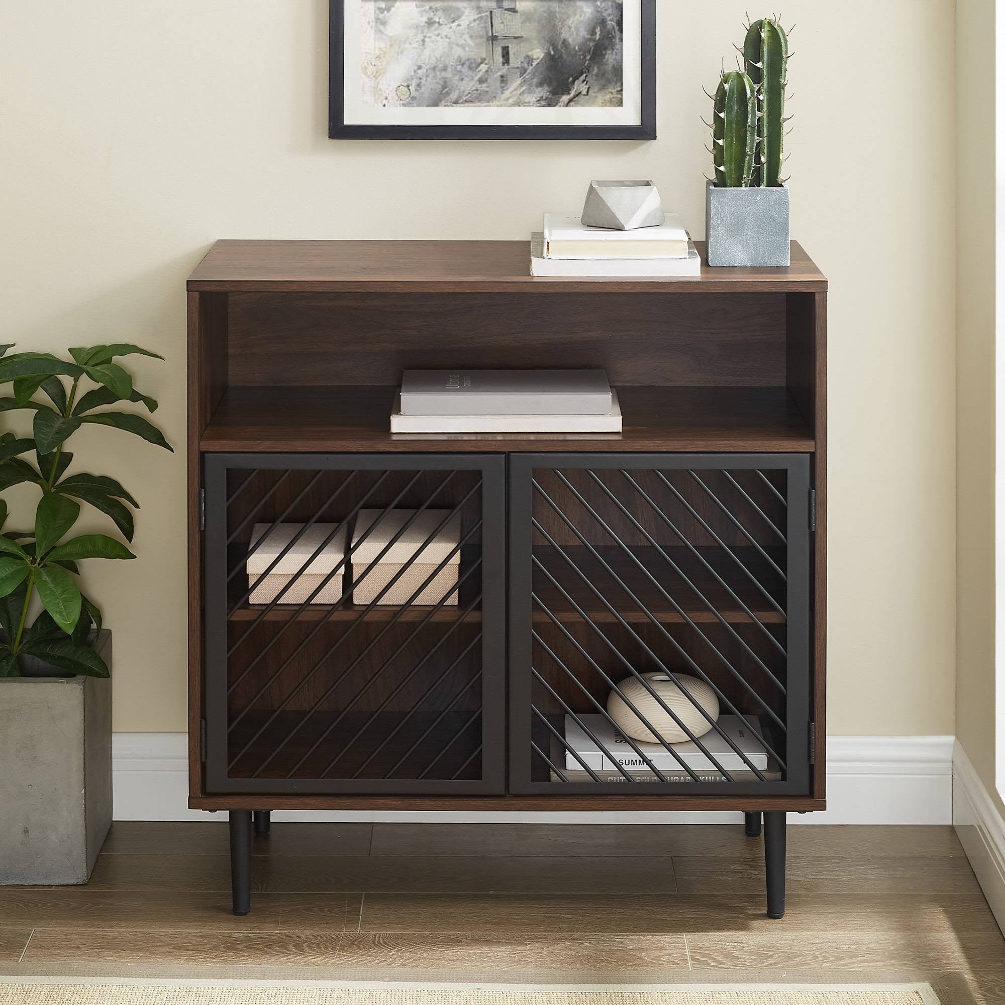 Industrial Metal Door Accent Cabinet Dark Walnut D24493