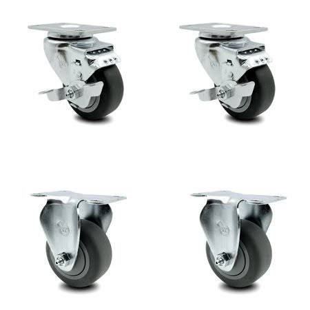3 inch Thermoplastic Rubber Swivel Top Plate Caster Set with 2 Brakes 2 Rigid N150405