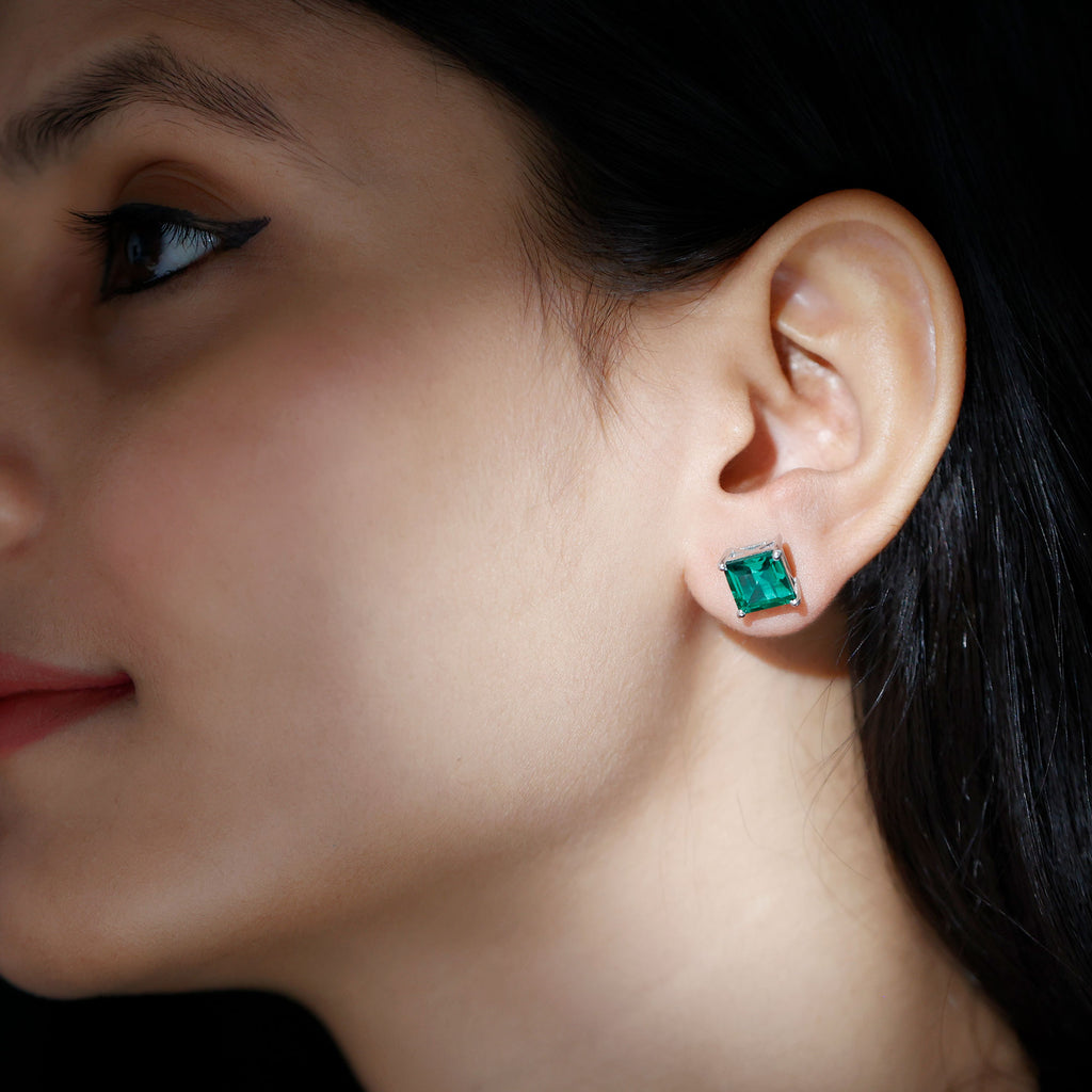 Princess Cut Created Emerald Solitaire Stud Earrings, 8 mm, 925 Sterling Silver J2305