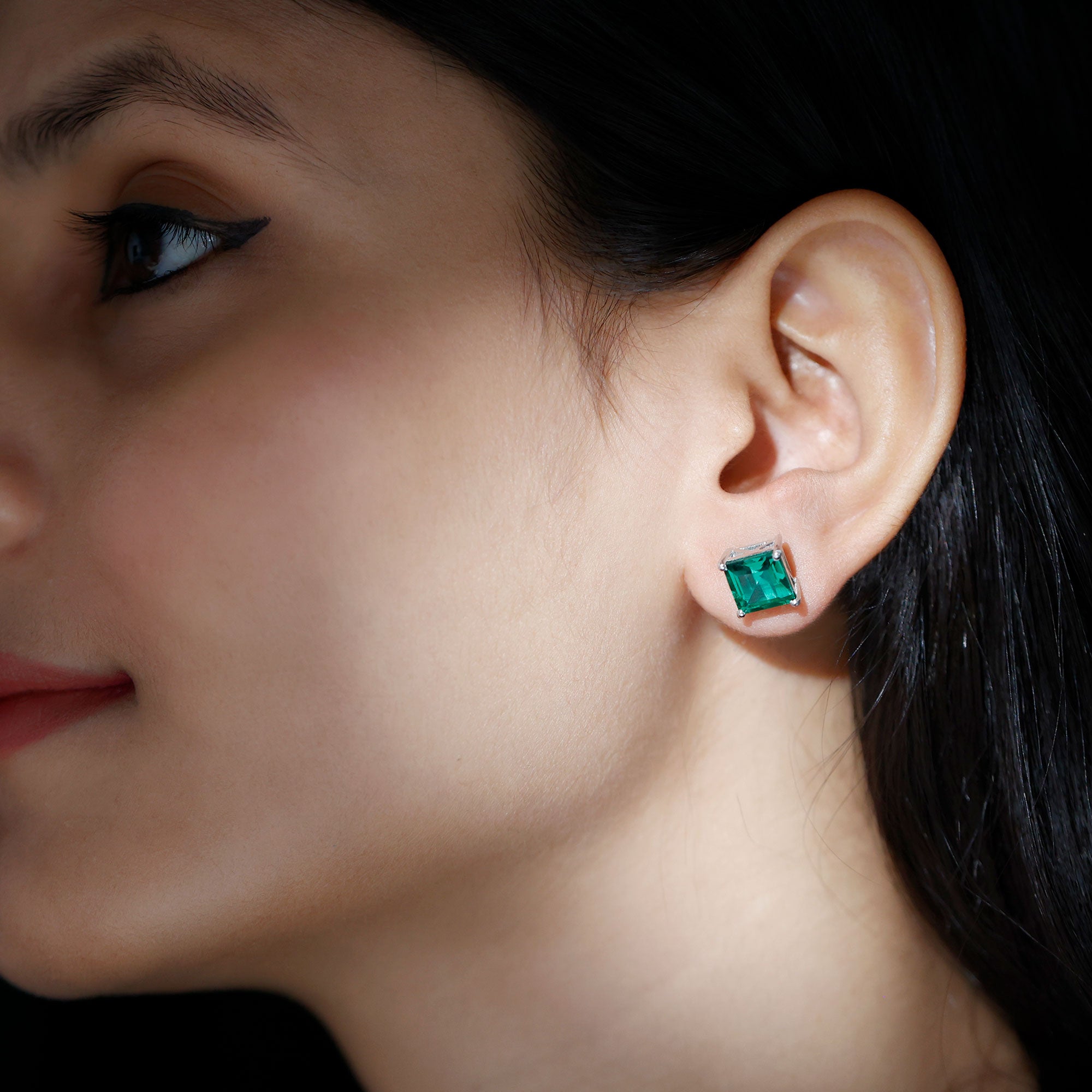 Princess Cut Created Emerald Solitaire Stud Earrings, 8 mm, 925 Sterling Silver J2305