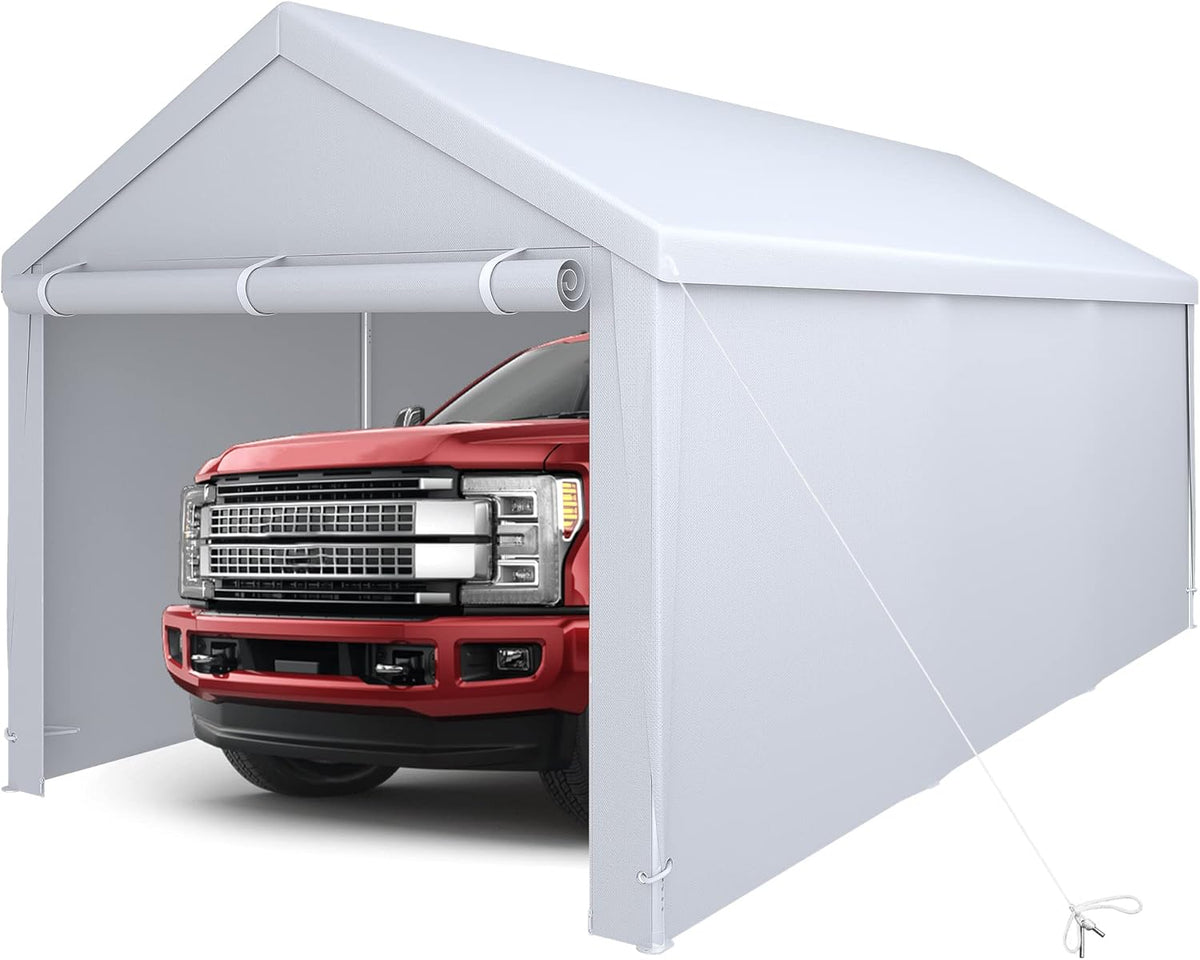 White Galvanized Frame Carport with Removable Sidewalls H3998