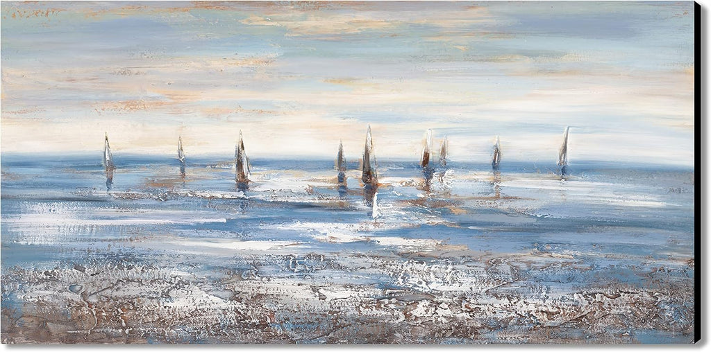Abstract Sailboat Canvas Wall Art Grey And Blue Ocean Sailing Landscape Hand-Painting 24x48 Inch Unframe P717567