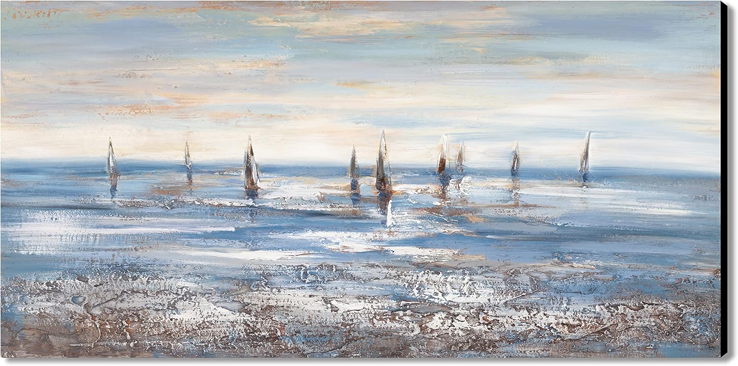 Abstract Sailboat Canvas Wall Art Grey And Blue Ocean Sailing Landscape Hand-Painting 24x48 Inch Unframe P717567