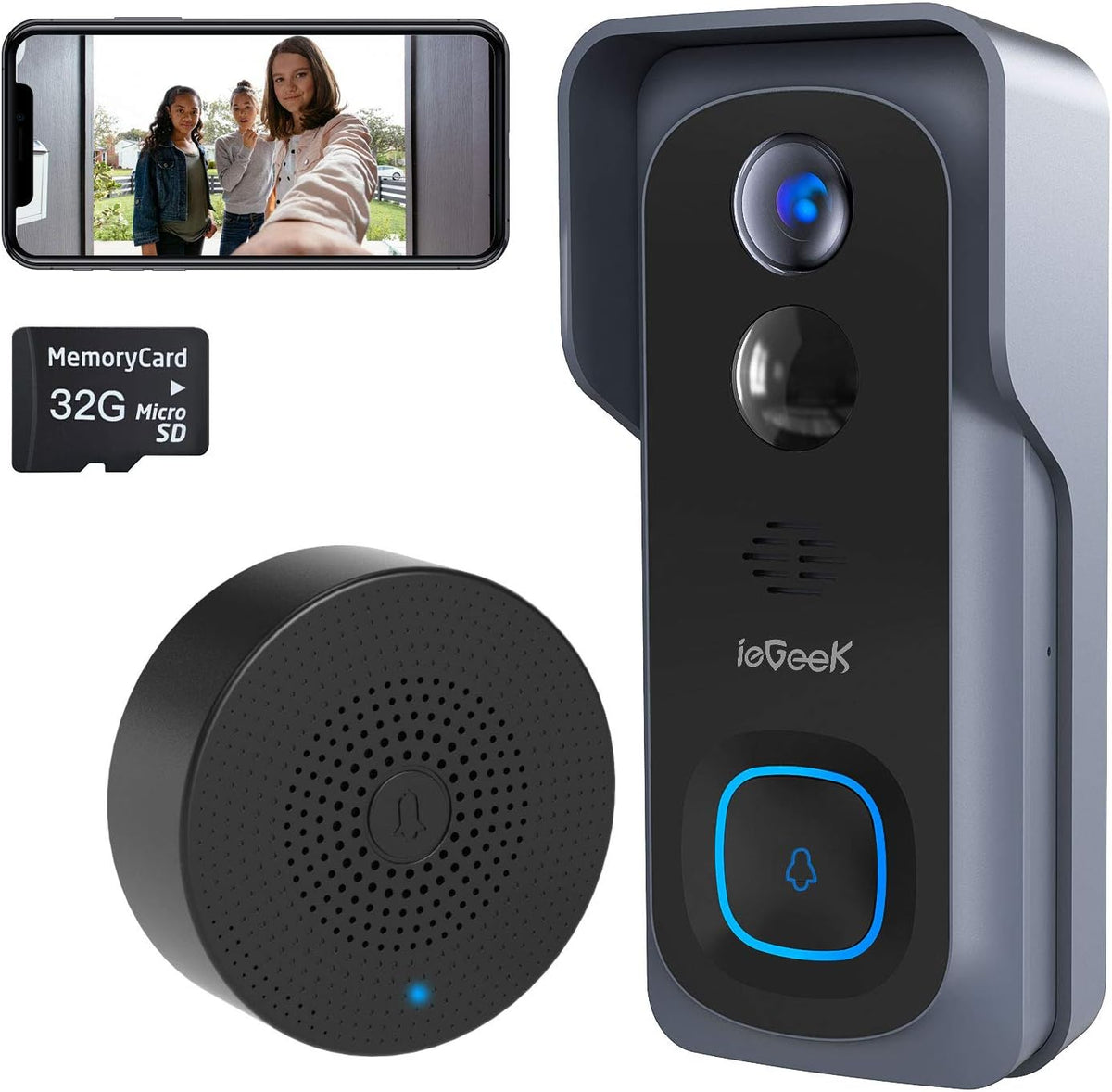 Wireless Video Doorbell Camera with Indoor Chime, 1080P HD, Rechargeable Battery, Pack of 2 J796938