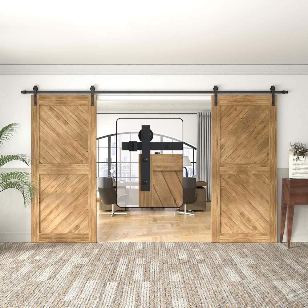5FT Sliding Barn Door Hardware Kit for Double Doors, Black, Pack of 2 P608756