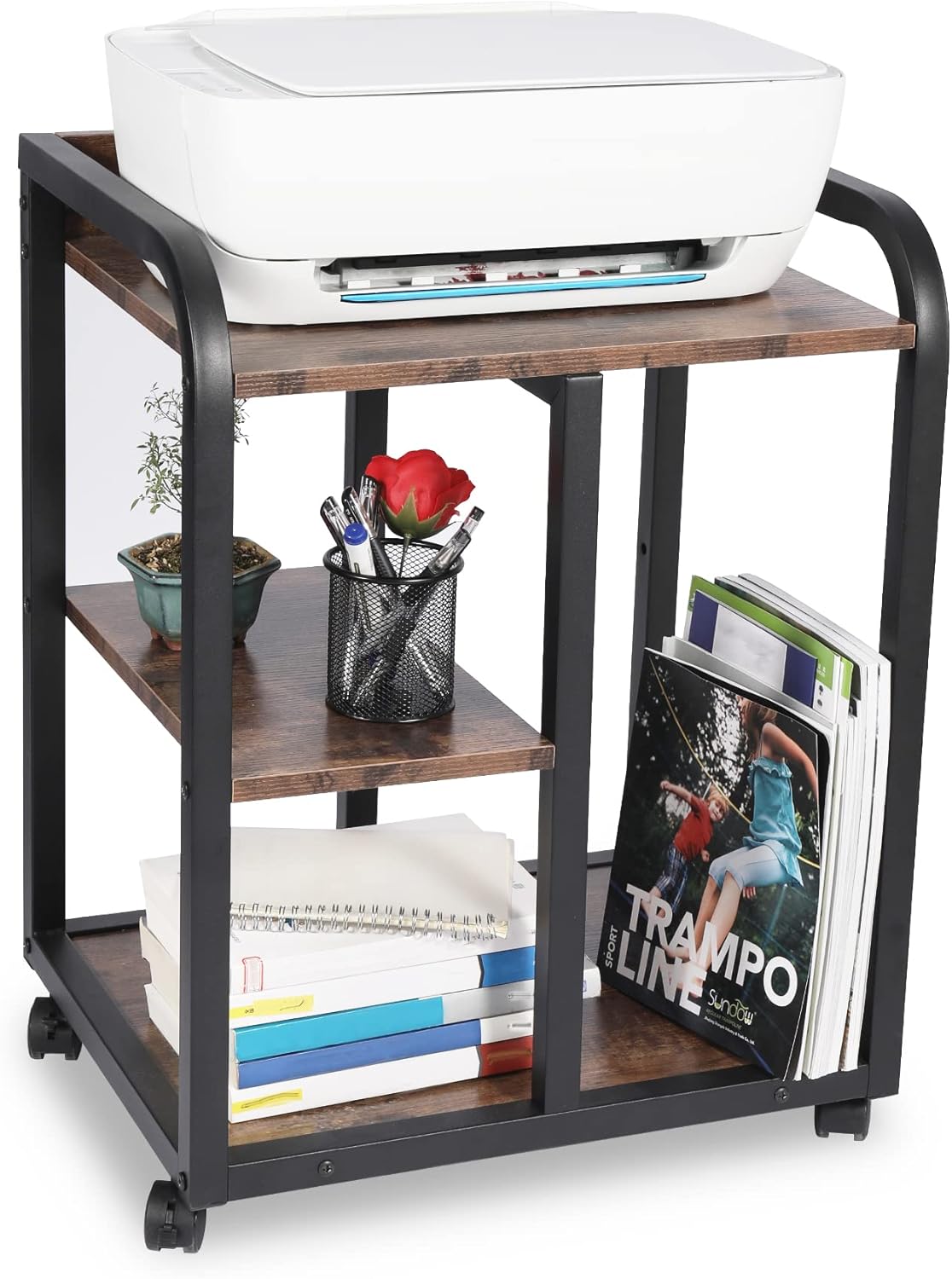 Brown 3 Tier Rolling Printer Cart with Storage L9552