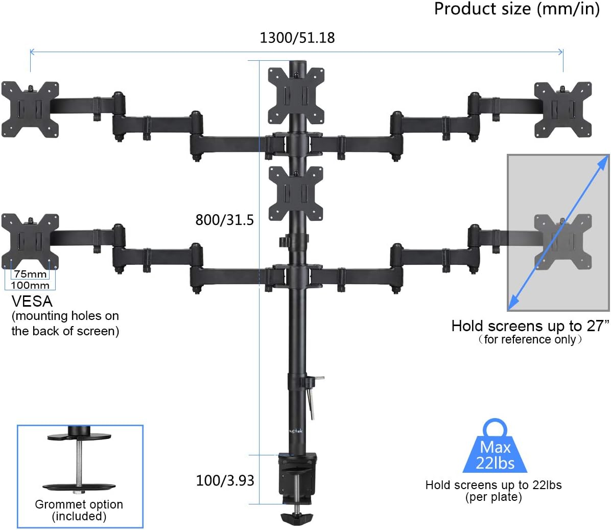 Hex LED LCD Monitor Stand up Desk Mount Extra Tall 31.5 inch Pole Heavy Duty Fully Adjustable Stand for 6 Screens up to 27 inch I4107