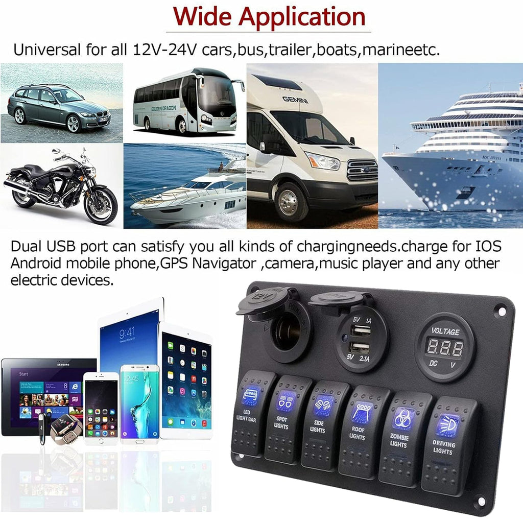 Waterproof Rocker Marine Switch Panel with USB, Blue LED, Pack of 2 A4035