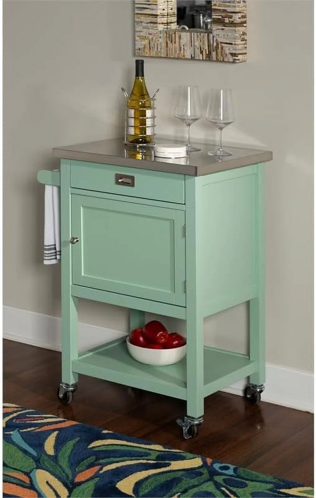Mint Green Wood Kitchen Cart with Stainless Steel Top L54095
