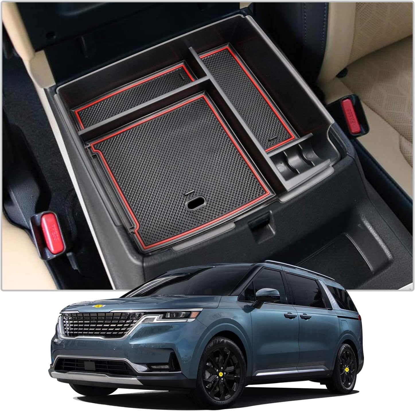 Console Organizer Tray ABS Black Red Trim R1230