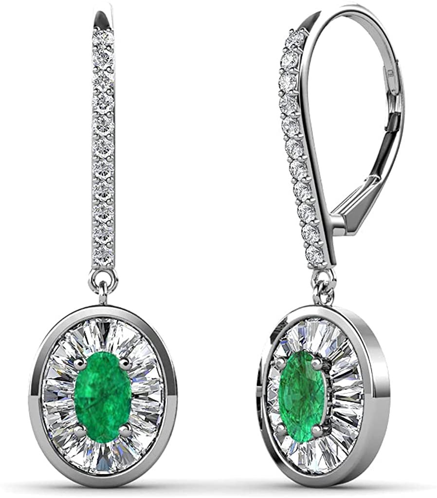 Oval Cut Emerald and Baguette Diamond Halo Drop Earrings 14K Gold H85165