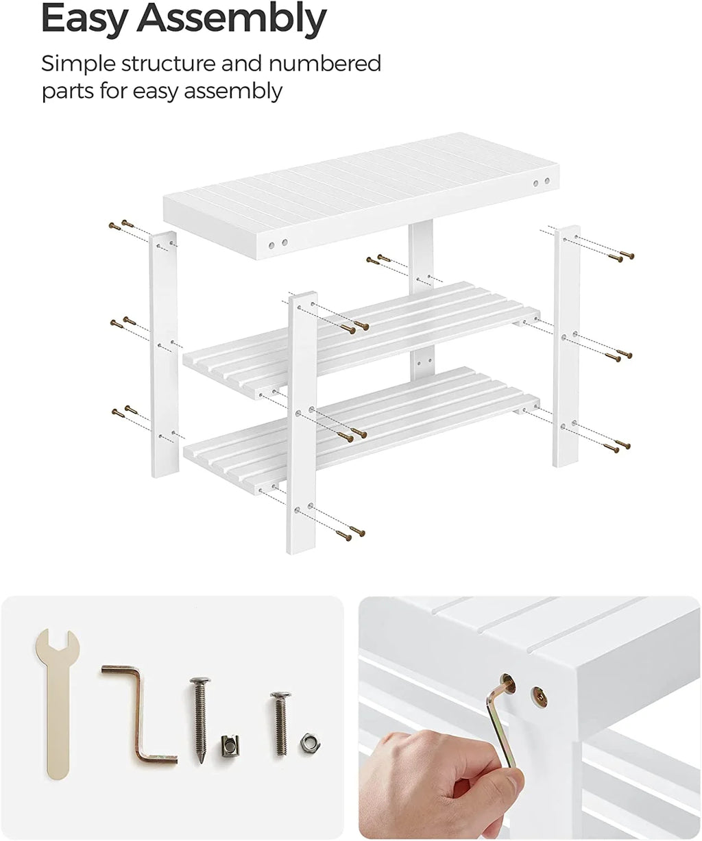 White 3-Tier Bamboo Shoe Rack Bench J376664
