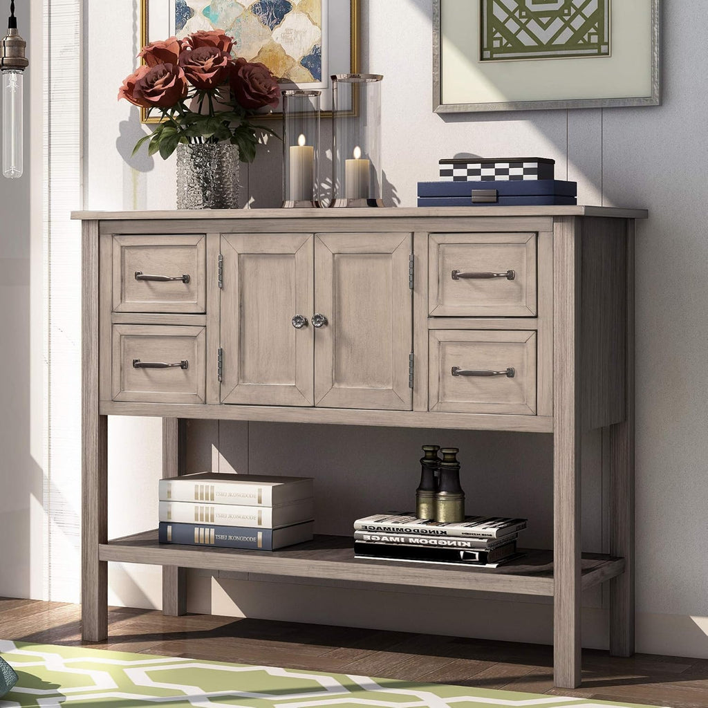 Green Wood Buffet Console Table with Drawers & Open Shelf G390054