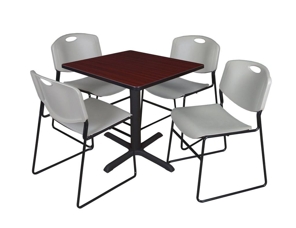 Mahogany Square Breakroom Table with 4 Grey Stack Chairs A836689