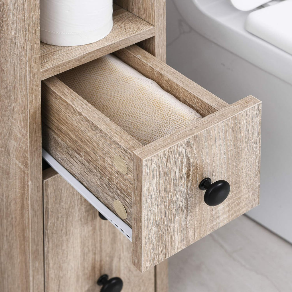 Oak Grain Color Freestanding Bathroom Cabinet with 2 Open Cabinets, 1 Door Cabinet, 1 Drawer and 4 Rolling Wheels R6473