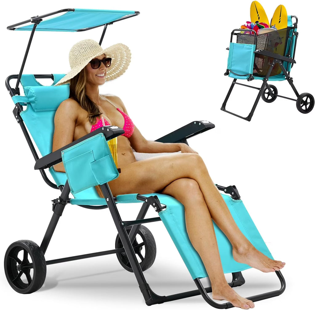 2 in 1 Foldable Chaise Lounge Chair with Wagon Cart and Wheels O64274