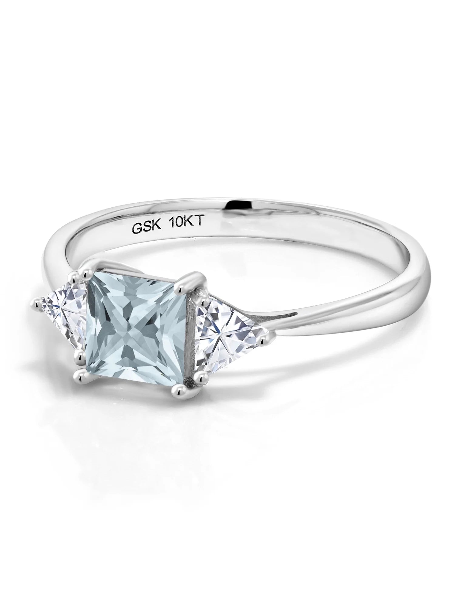 10K White Gold Sky Blue Aquamarine White Moissanite 3 Stone Engagement Ring P9893