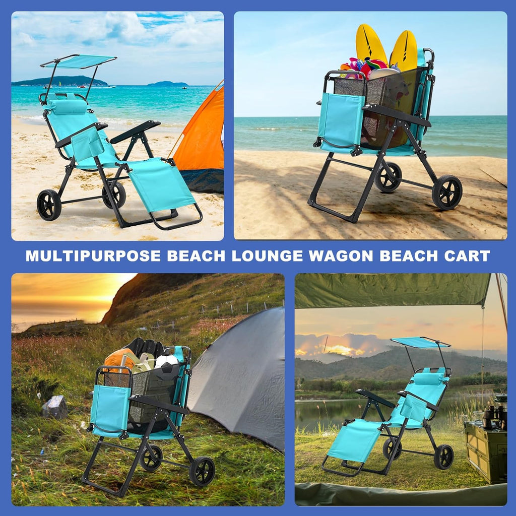 2 in 1 Foldable Chaise Lounge Chair with Wagon Cart and Wheels O64274