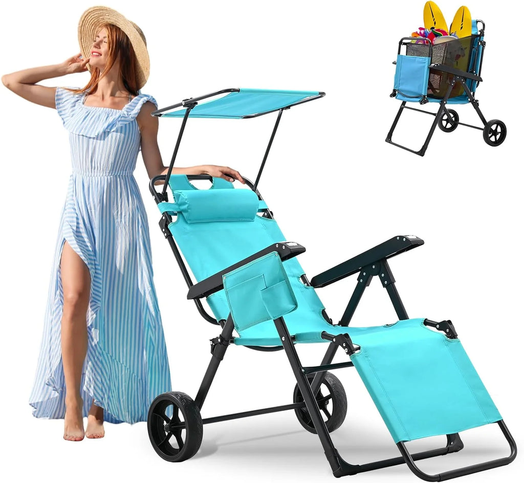 2 in 1 Foldable Chaise Lounge Chair with Wagon Cart and Wheels O64274