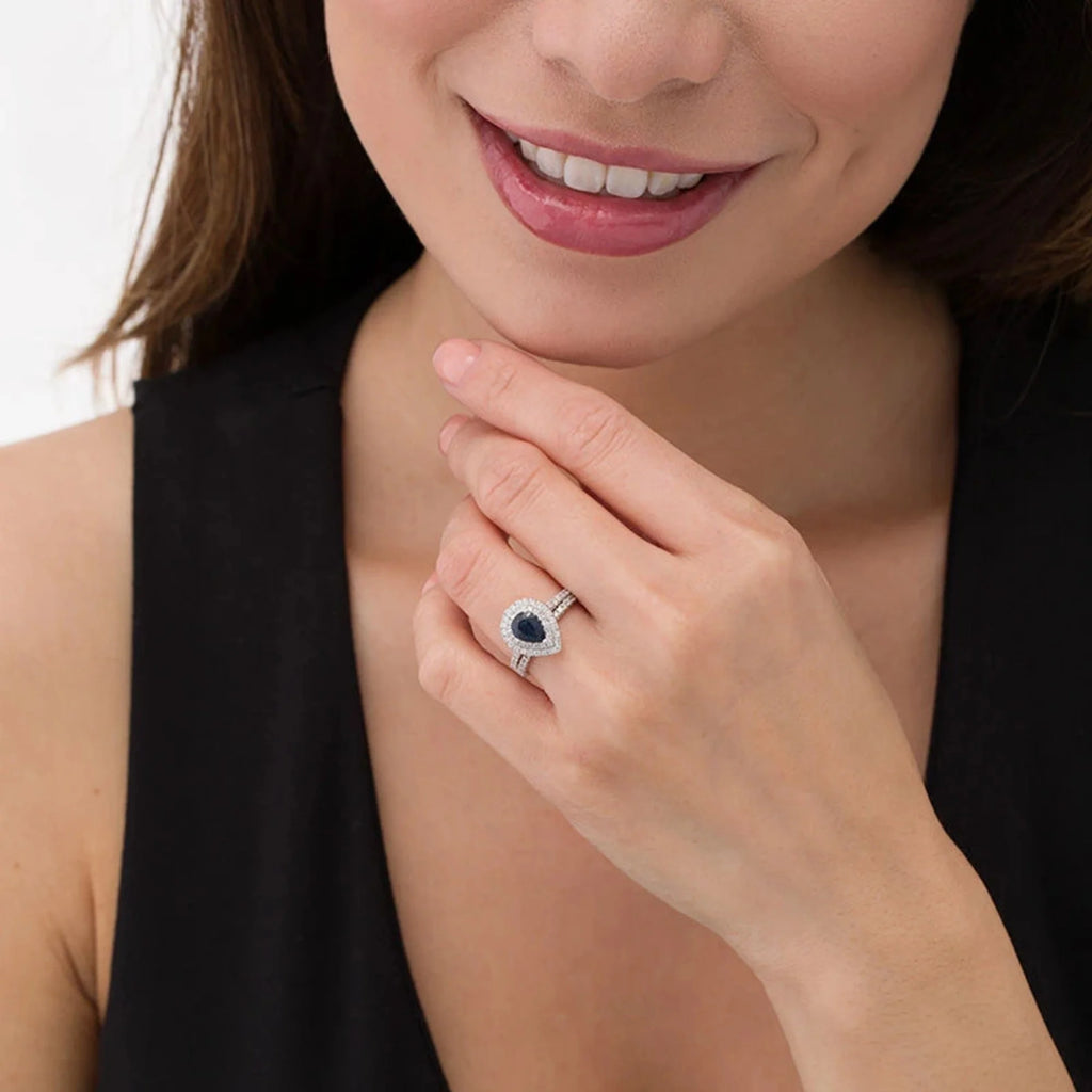 14K White Gold Blue Sapphire Diamond Bridal Engagement Ring Set E13478